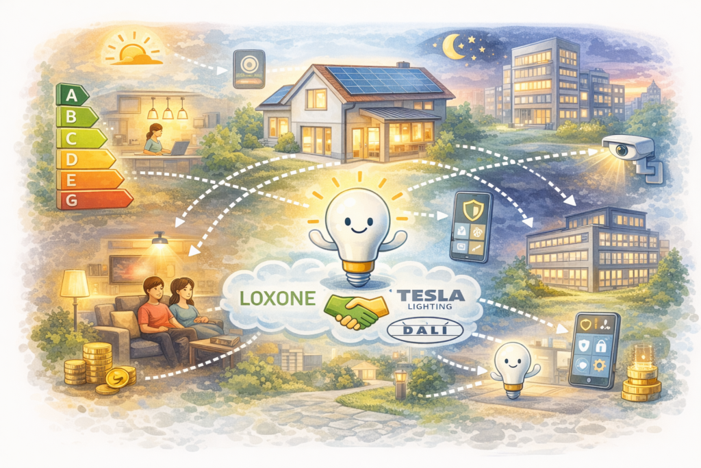 inteligentní osvětlení TESLA Lighting řízené systémem Loxone v moderní inteligentní domácnosti pro úsporu energie a automatizaci